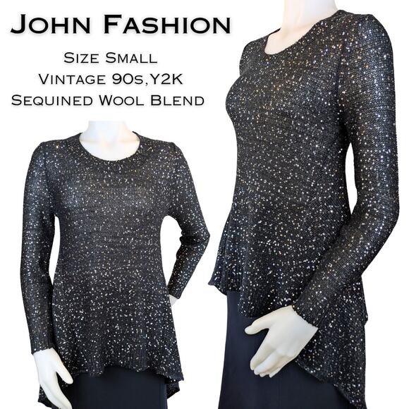 John Fashion Sweater Y2K Small Black Sequin Waterfall Holiday New Years Party - Picture 1 of 10
